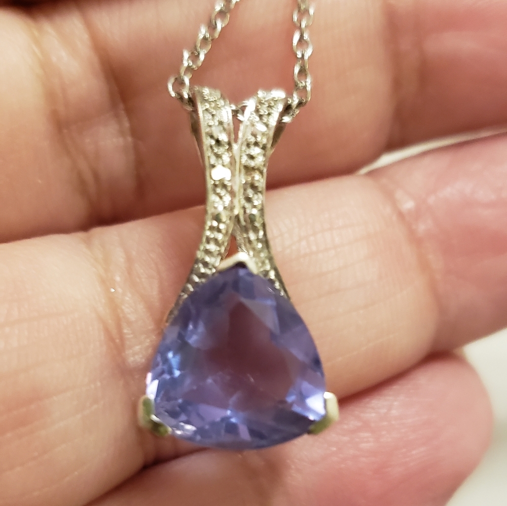 20 inch, Fluorite Trillion Cut and Diamond Pendant, 925 Silver, St.Steel Chain